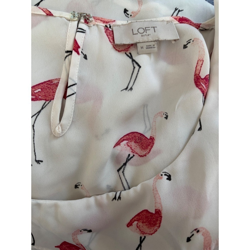 LOFT Flamingo Print Ruffle Neck Blouse Tank Top Size M Pink White - Picture 2 of 5